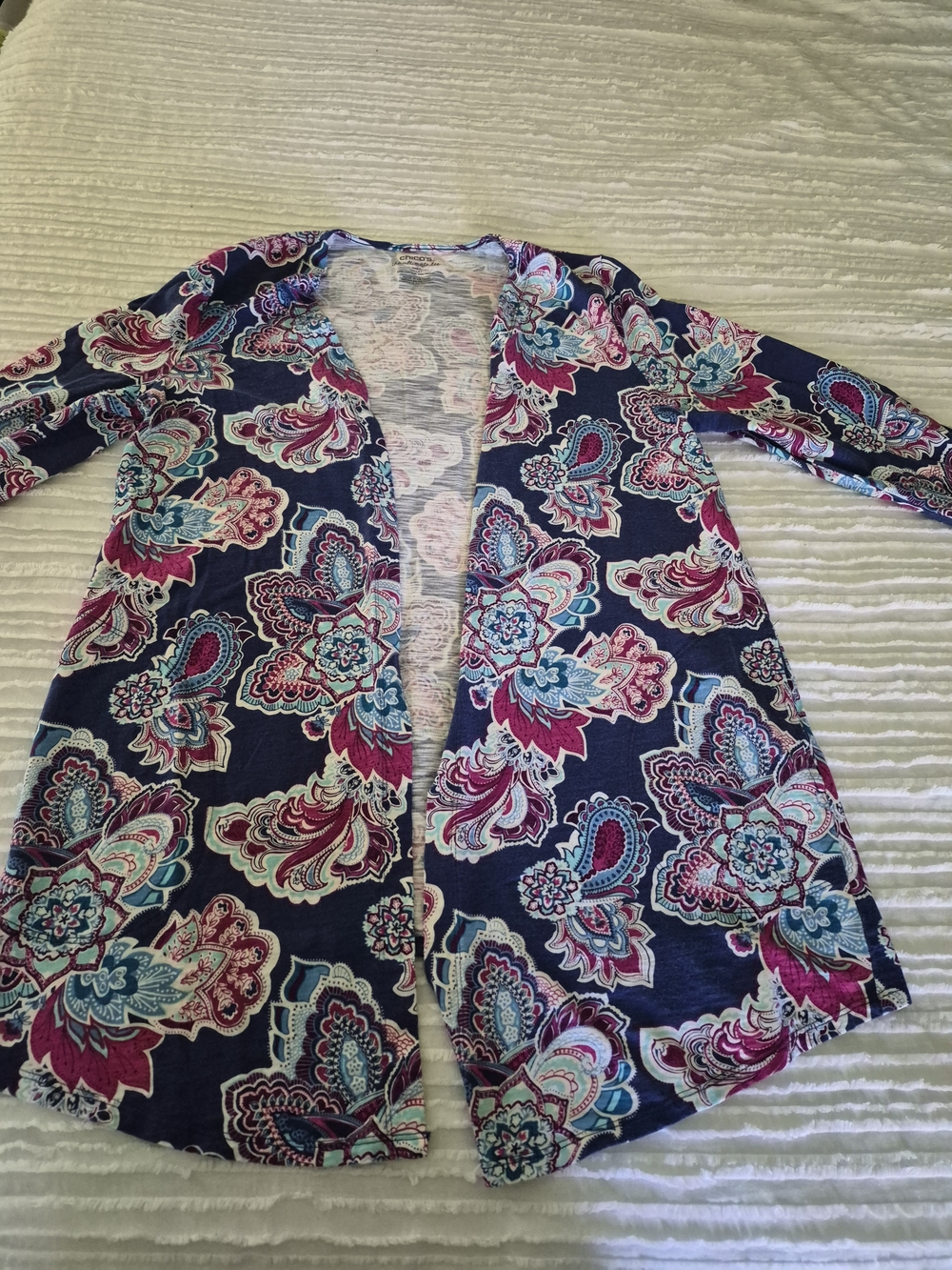 Chico's Navy Open-Front Cardigan with Pink & Teal Floral Print
